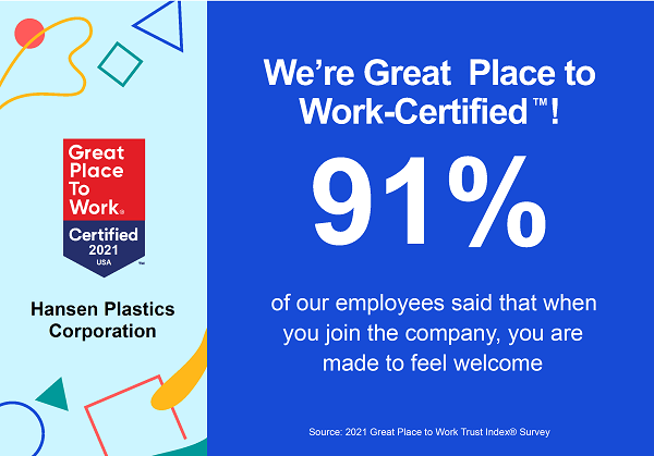 Hansen Plastics is a certified Great Place to Work!