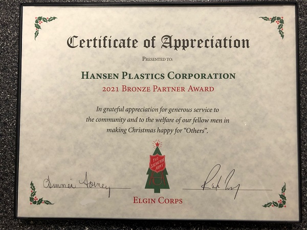 Hansen Plastics Corporation Awarded the Bronze (Certificate)